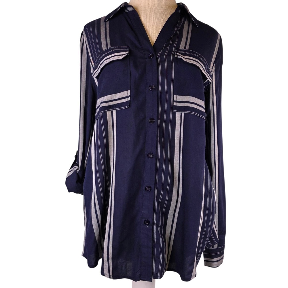 Blu Pepper Bethel Navy Stripe Sheer Button Up M Blouse Tab Sleeve Beach‎ Coverup